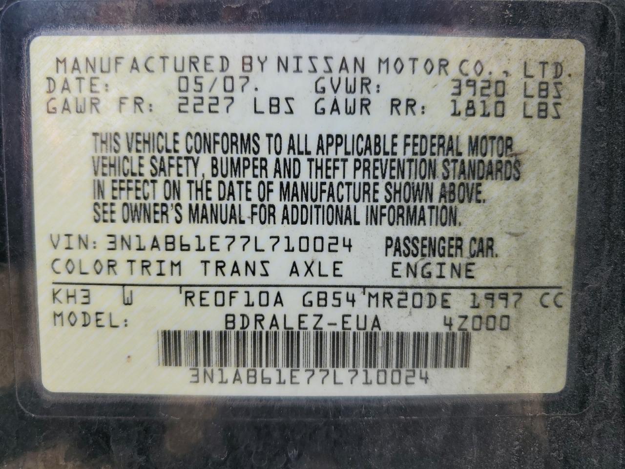 2007 Nissan Sentra 2.0 VIN: 3N1AB61E77L710024 Lot: 64548064