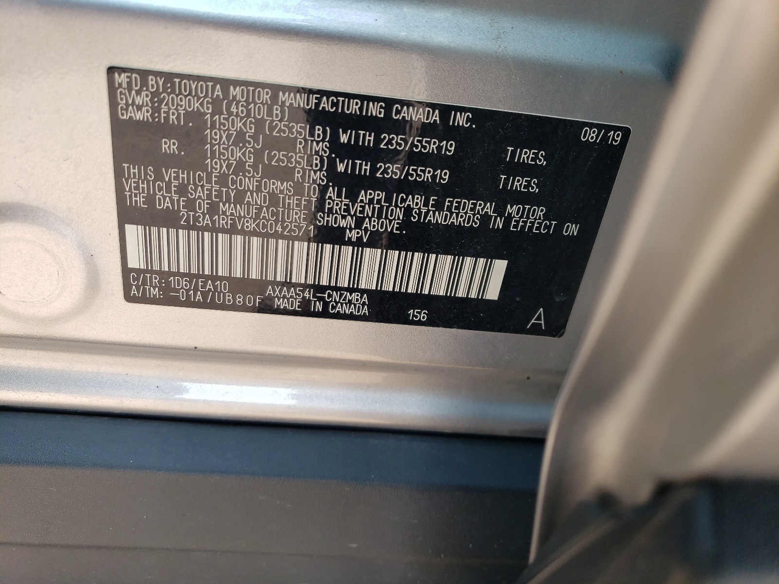 2T3A1RFV8KC042571 2019 Toyota Rav4 Xle Premium