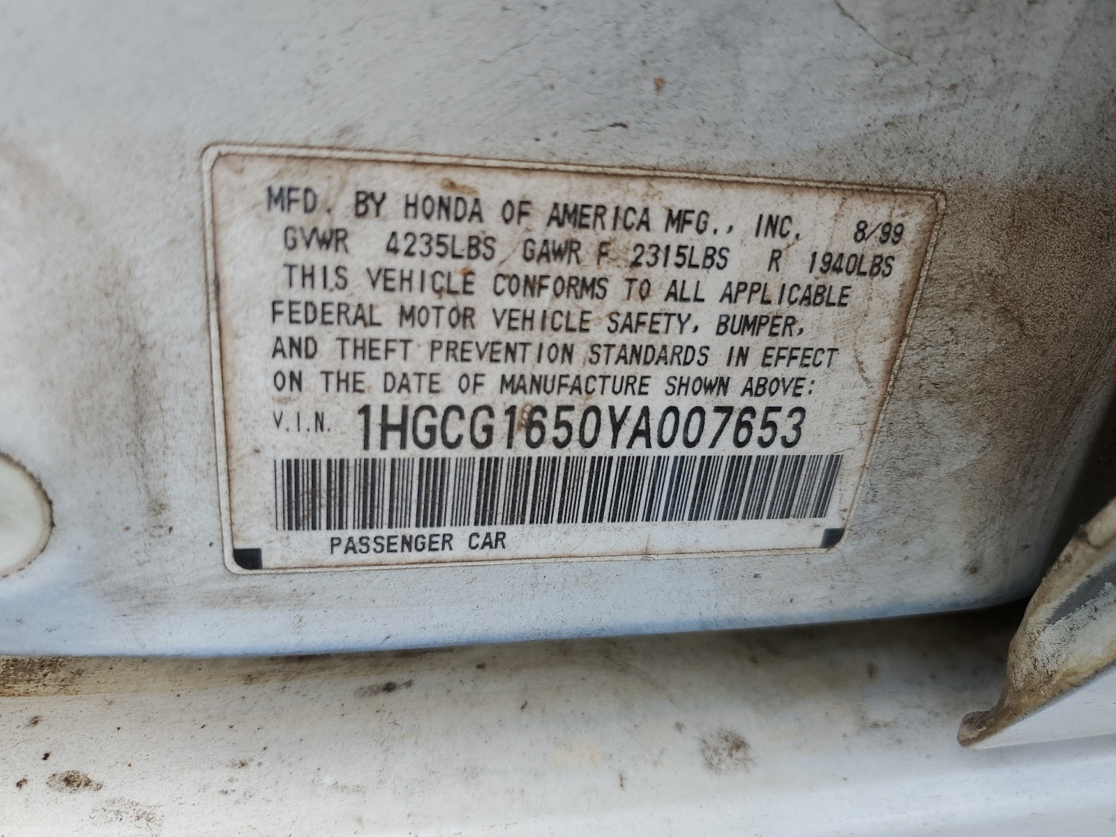 1HGCG1650YA007653 2000 Honda Accord Ex