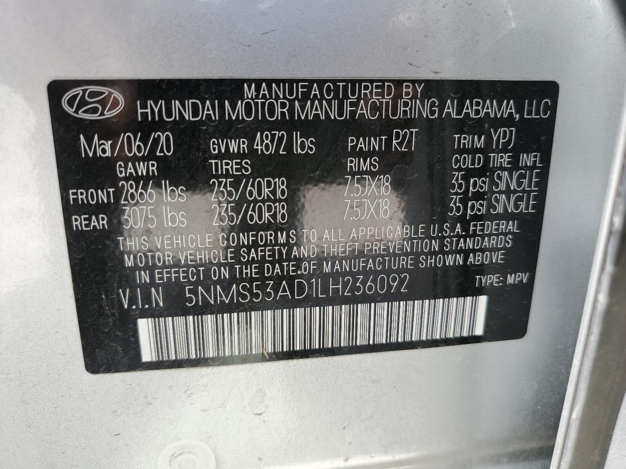 5NMS53AD1LH236092 2020 Hyundai Santa Fe Limited