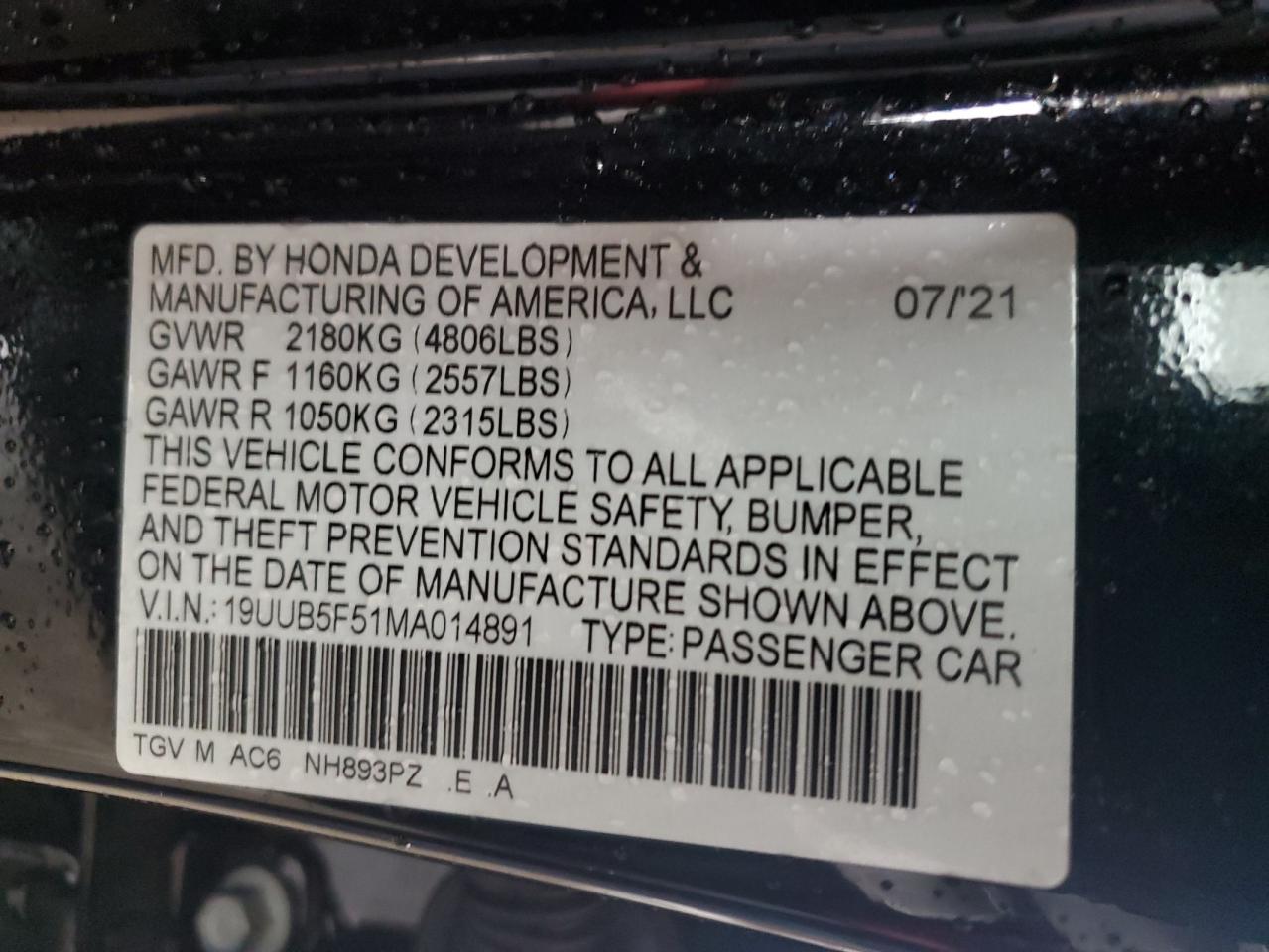 2021 Acura Tlx Tech A VIN: 19UUB5F51MA014891 Lot: 65082374