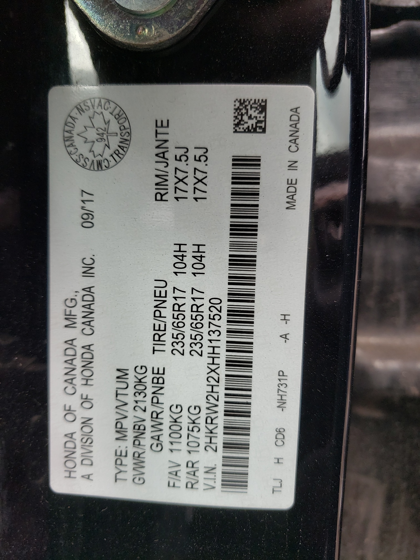 2HKRW2H2XHH137520 2017 Honda Cr-V Lx