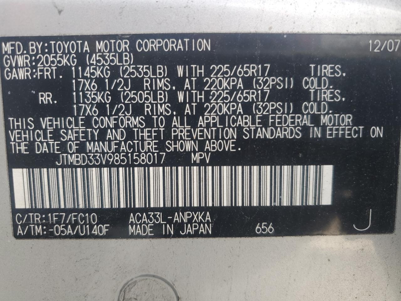 2008 Toyota Rav4 VIN: JTMBD33V985158017 Lot: 65231604