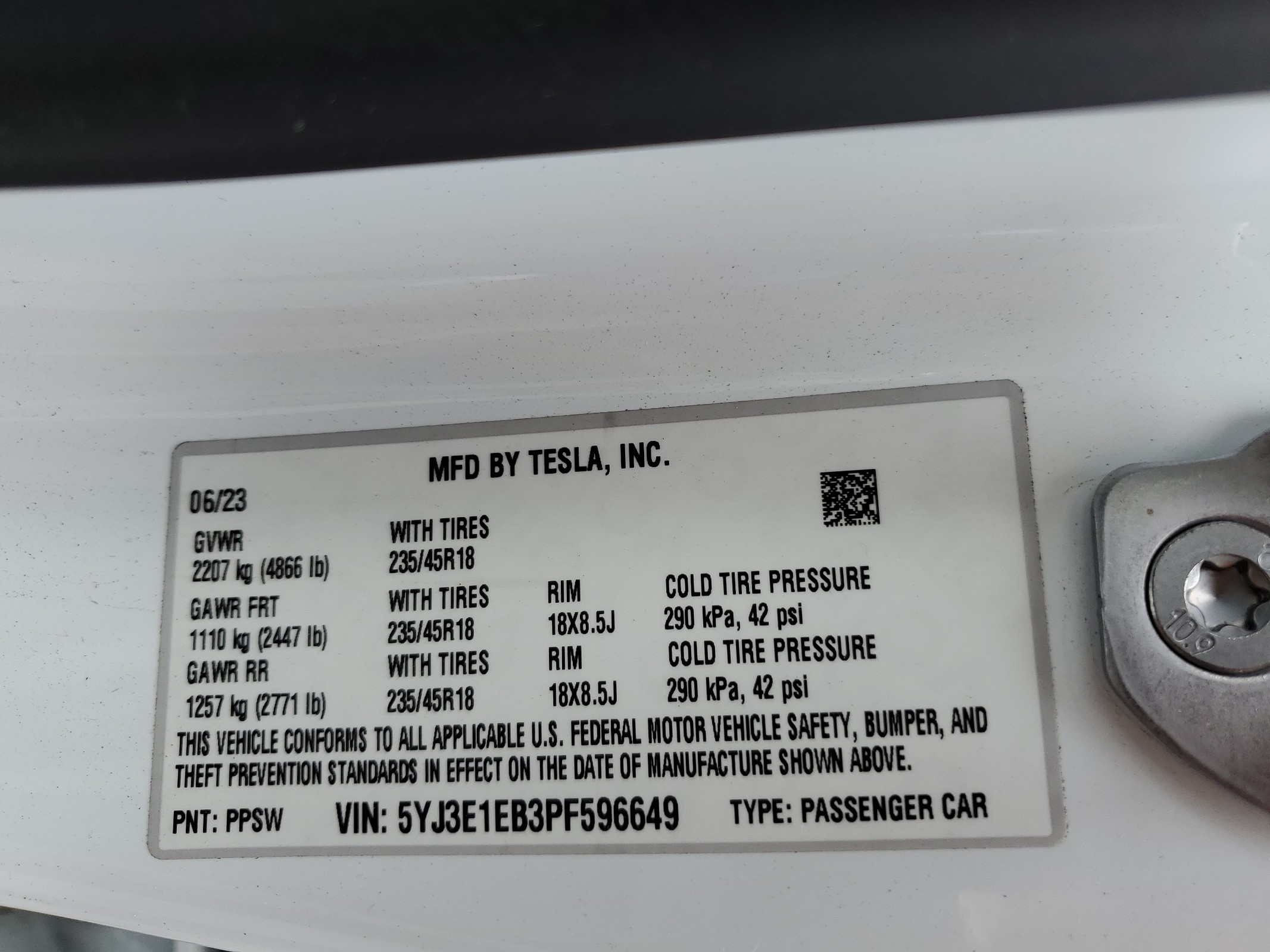 5YJ3E1EB3PF596649 2023 Tesla Model 3