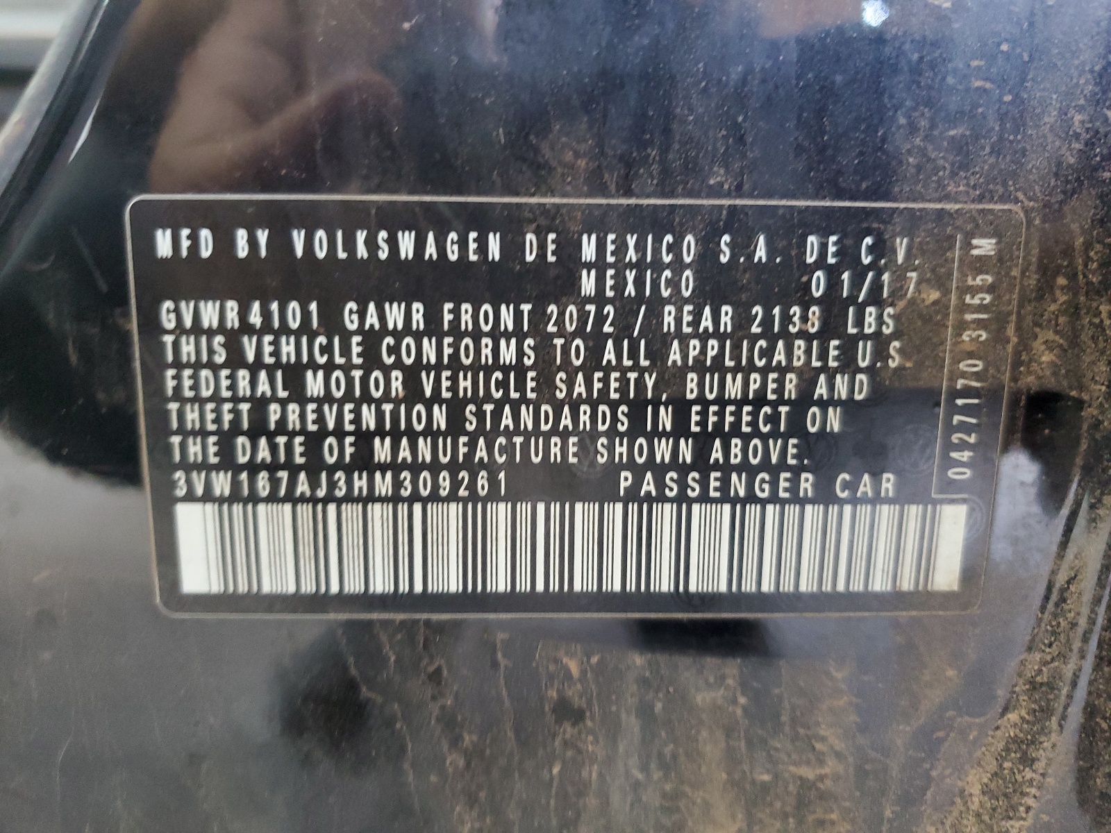 3VW167AJ3HM309261 2017 Volkswagen Jetta S