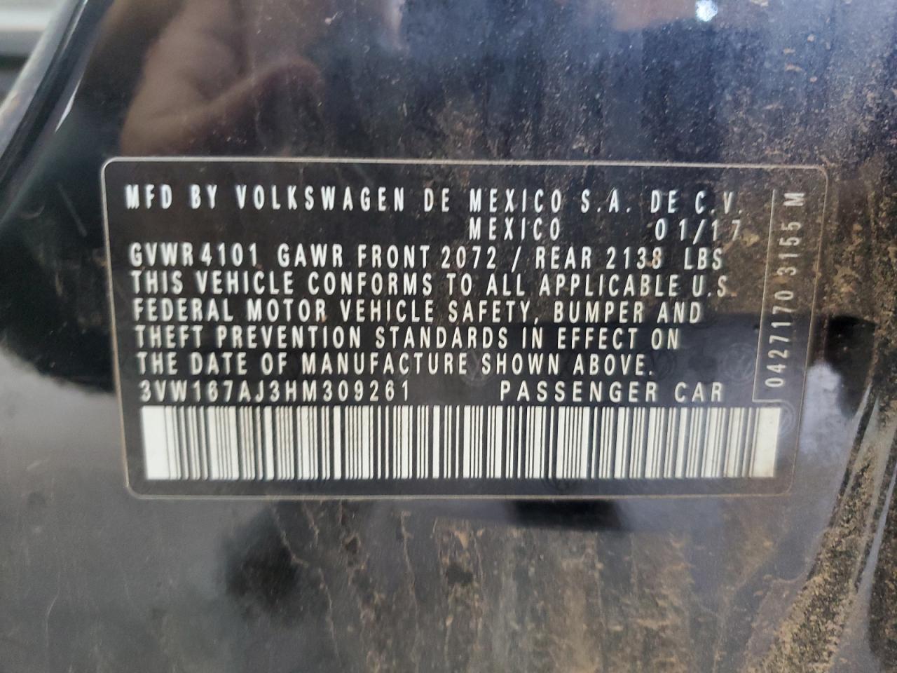 2017 Volkswagen Jetta S VIN: 3VW167AJ3HM309261 Lot: 63809394
