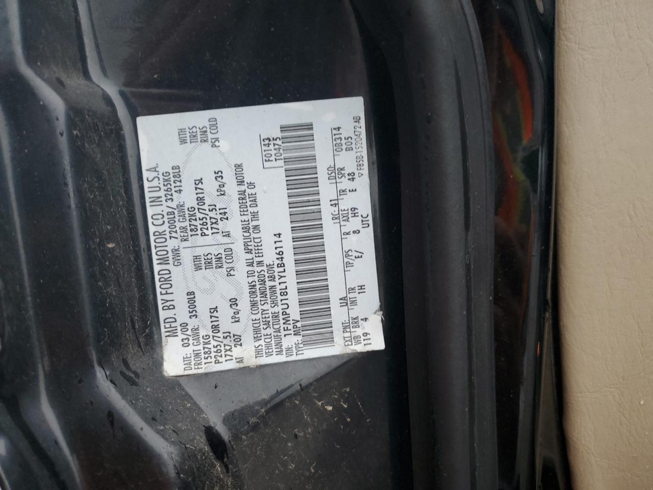 2000 Ford Expedition Eddie Bauer VIN: 1FMPU18L1YLB46114 Lot: 65346334