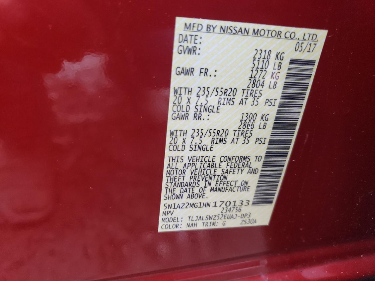 2017 Nissan Murano S VIN: 5N1AZ2MG1HN170133 Lot: 63798154