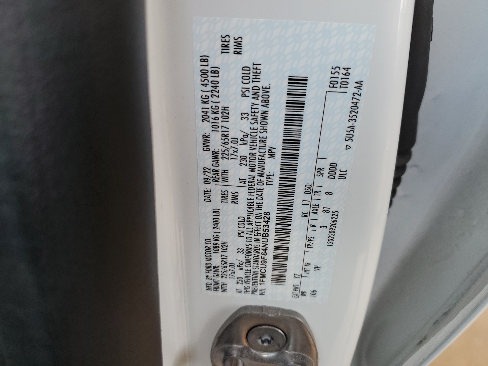 1FMCU9F64NUB53428 2022 Ford Escape S