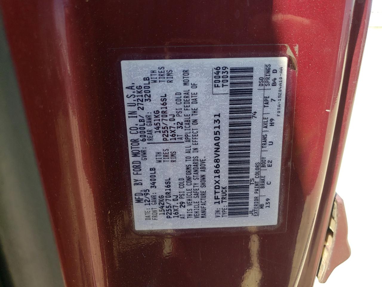 1997 Ford F150 VIN: 1FTDX1868VNA05131 Lot: 62126924