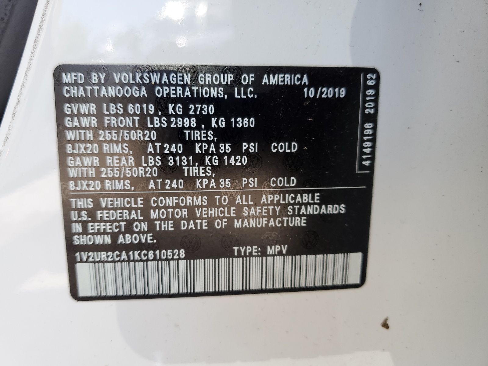 1V2UR2CA1KC610528 2019 Volkswagen Atlas Se