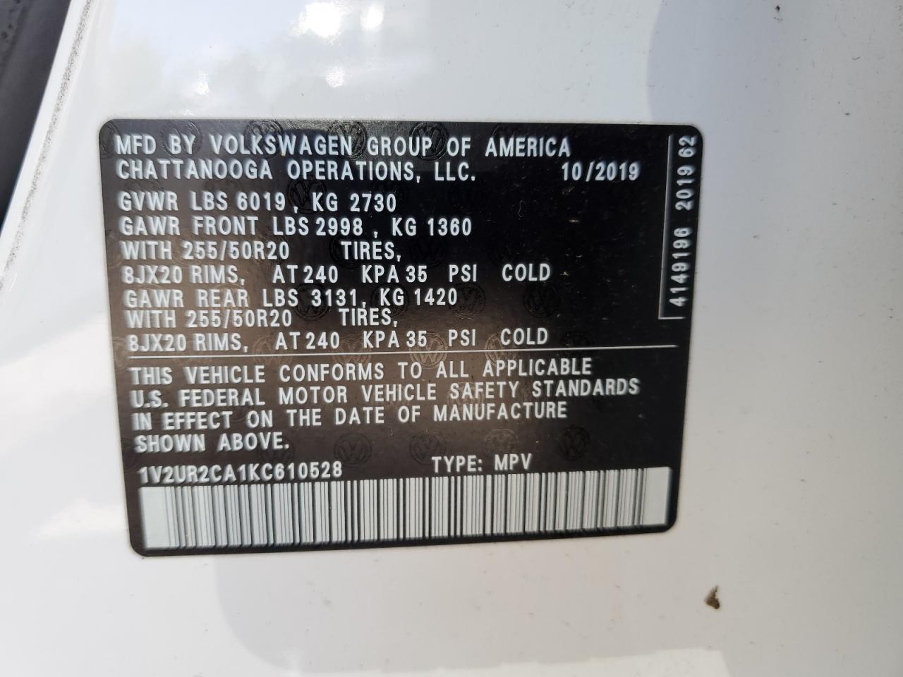 2019 Volkswagen Atlas Se VIN: 1V2UR2CA1KC610528 Lot: 62984904