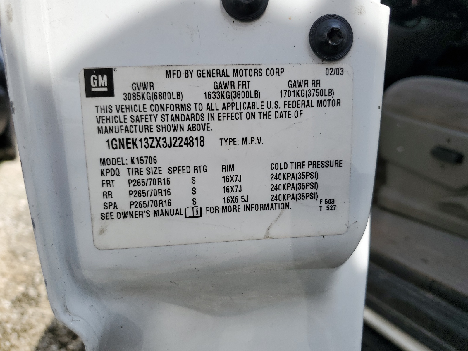 1GNEK13ZX3J224818 2003 Chevrolet Tahoe K1500