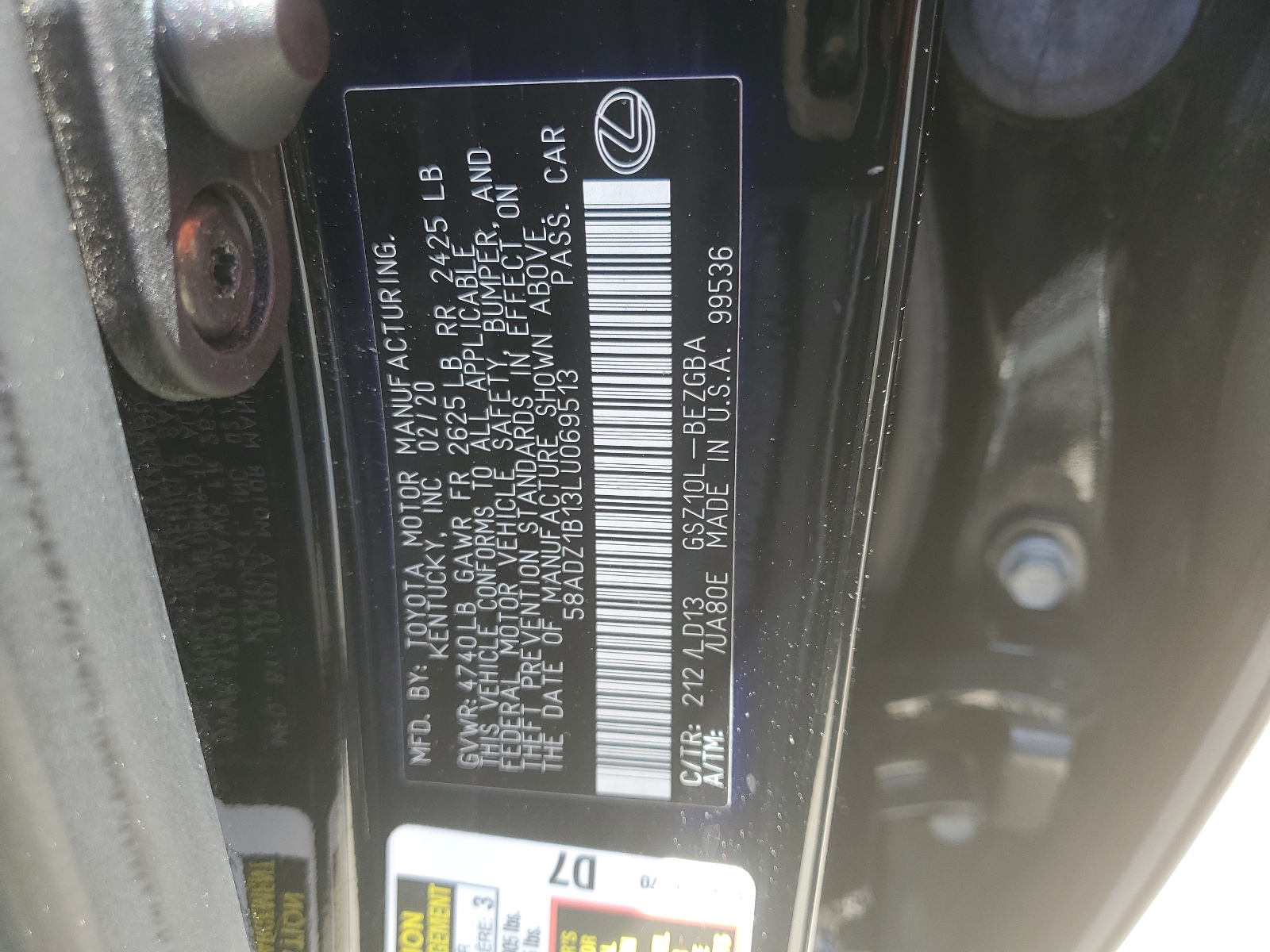 58ADZ1B13LU069513 2020 Lexus Es 350