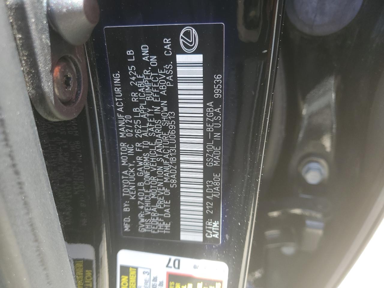 2020 Lexus Es 350 VIN: 58ADZ1B13LU069513 Lot: 64107324