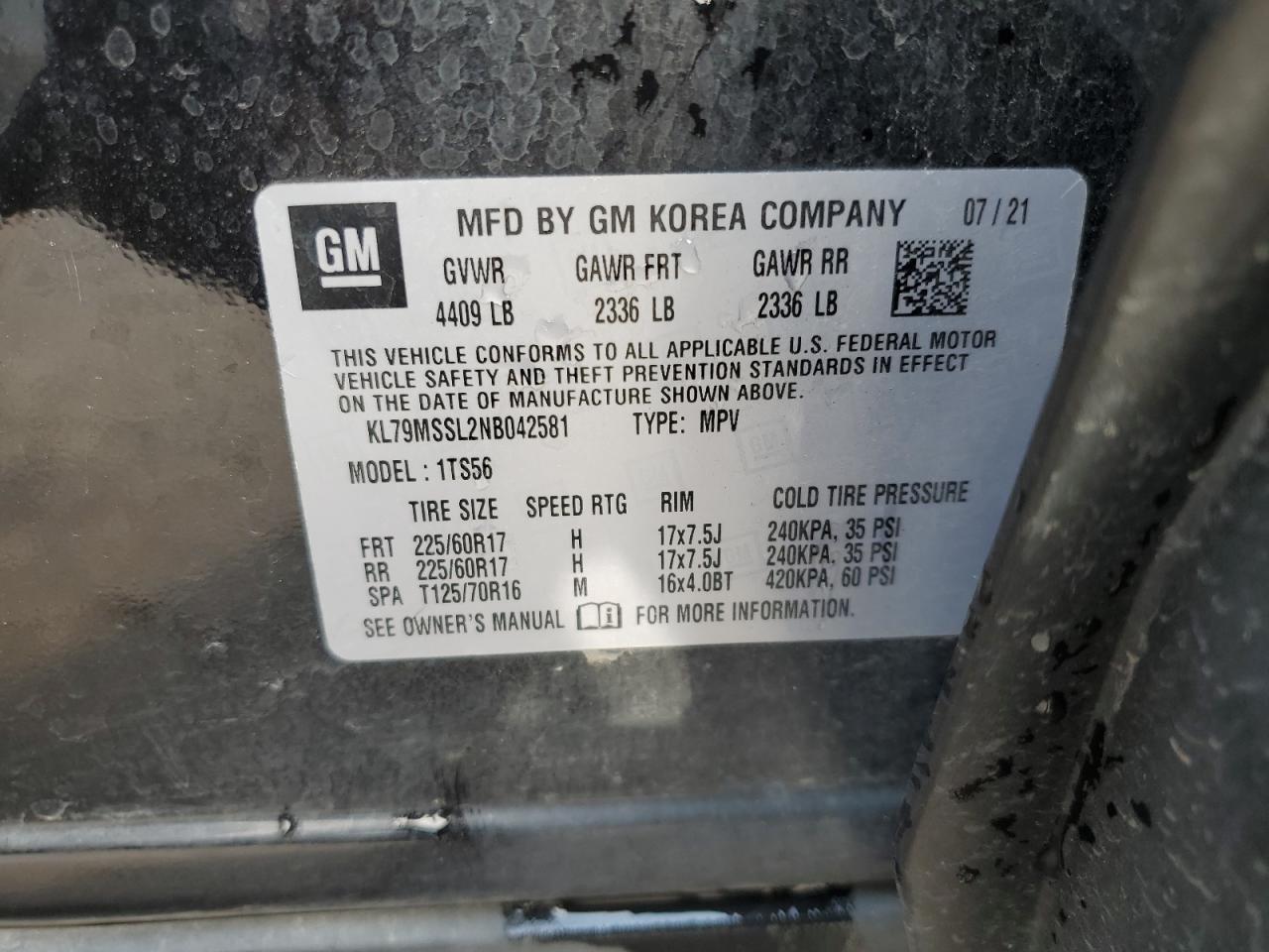 2022 Chevrolet Trailblazer Activ VIN: KL79MSSL2NB042581 Lot: 62262034