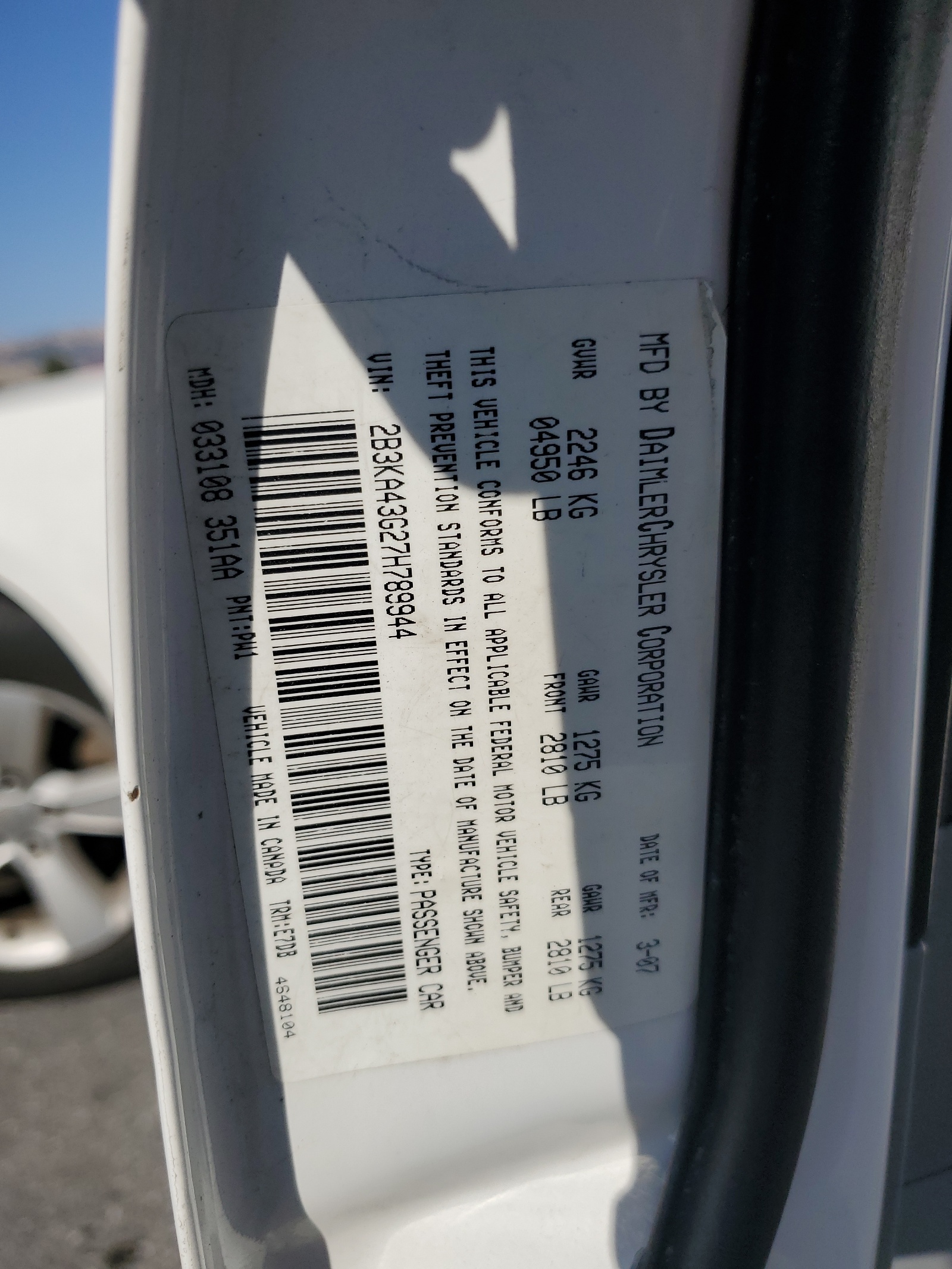 2B3KA43G27H789944 2007 Dodge Charger Se