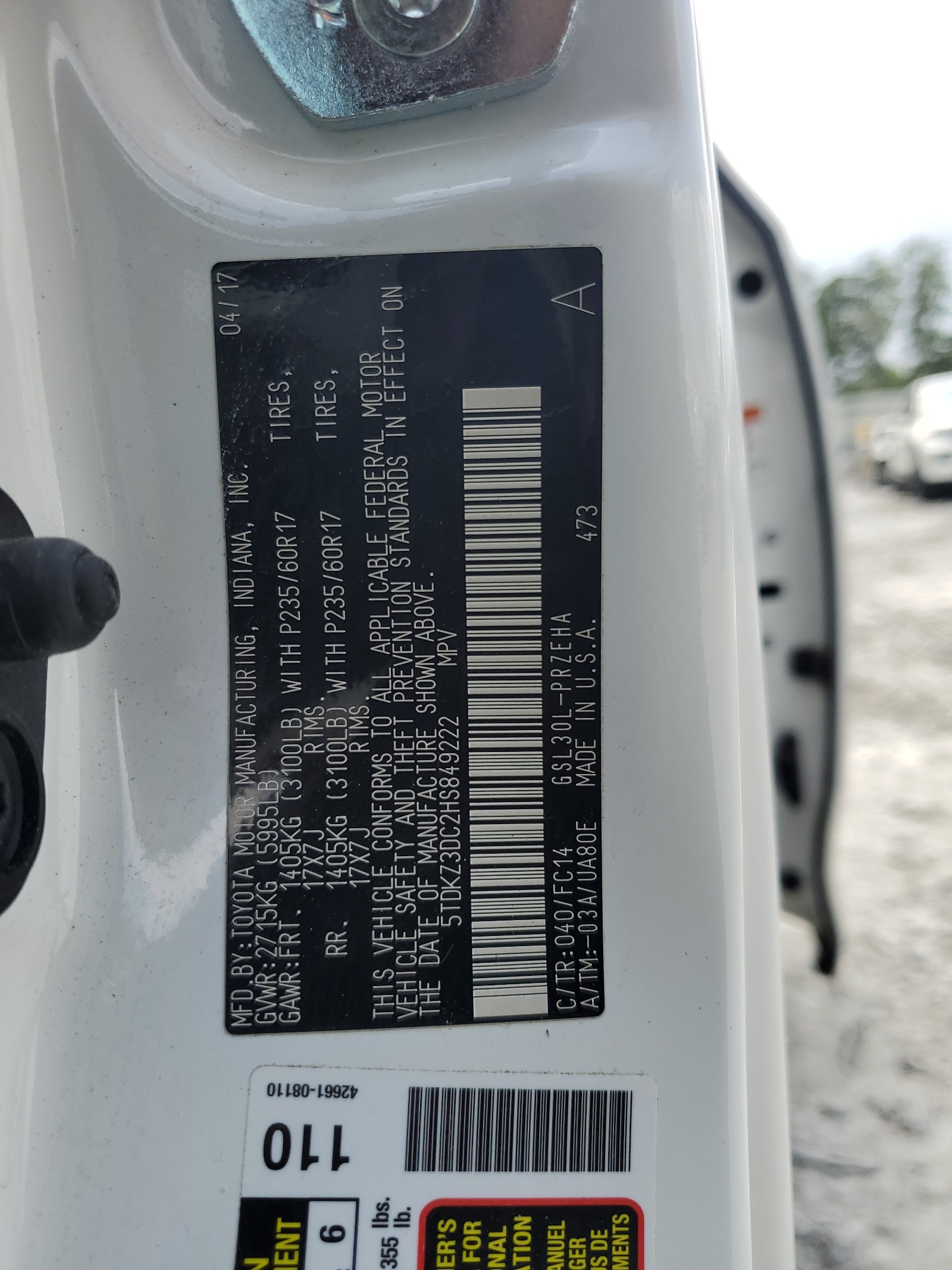 5TDKZ3DC2HS849222 2017 Toyota Sienna Le