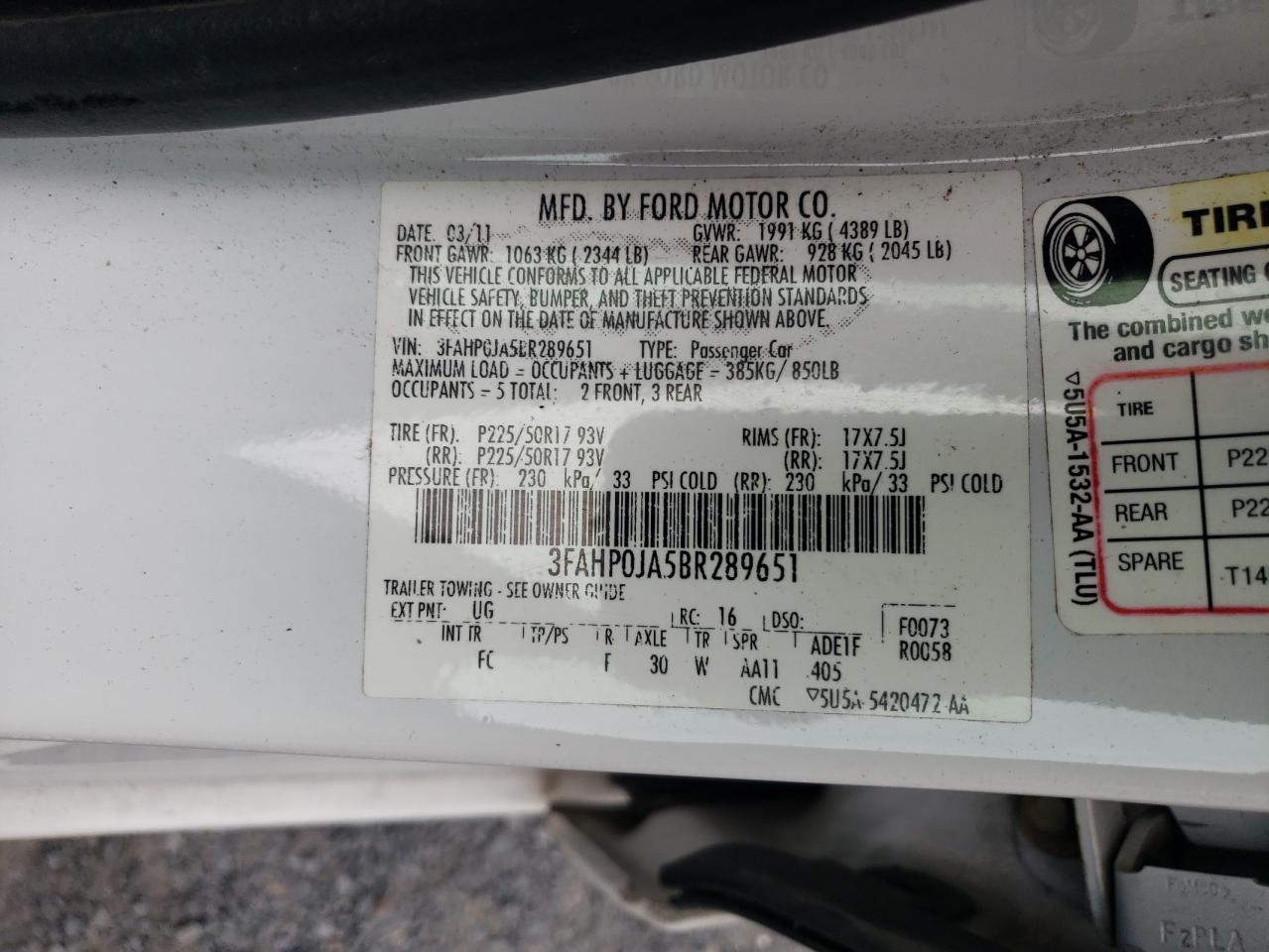 2011 Ford Fusion Sel VIN: 3FAHP0JA5BR289651 Lot: 62432884