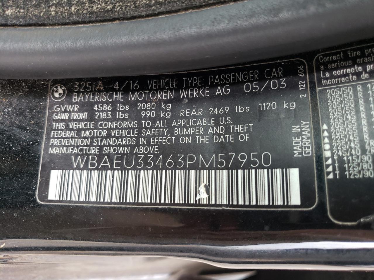 2003 BMW 325 Xi VIN: WBAEU33463PM57950 Lot: 62261984