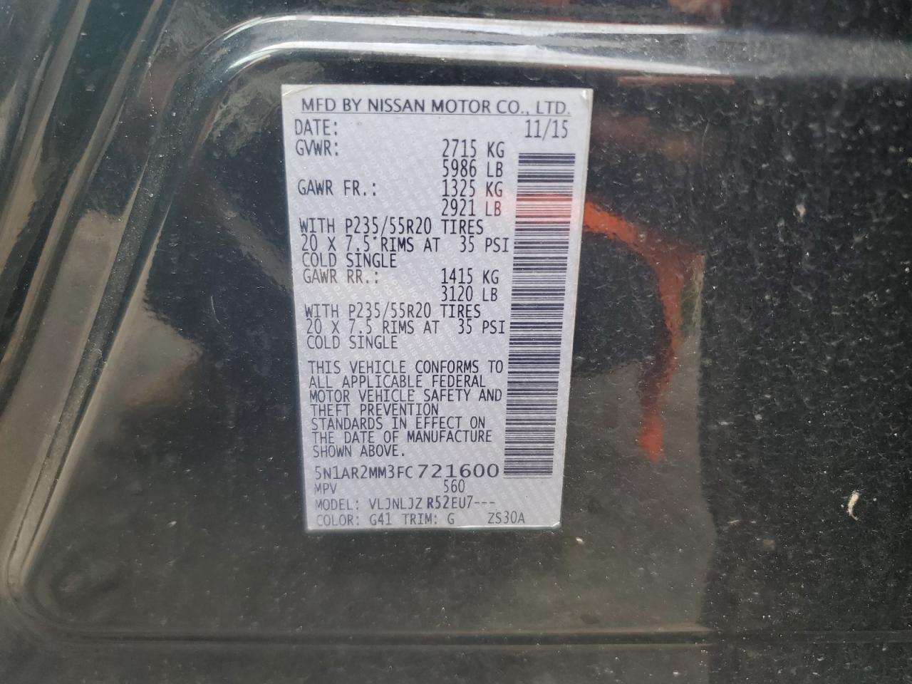 2015 Nissan Pathfinder S VIN: 5N1AR2MM3FC721600 Lot: 63296314