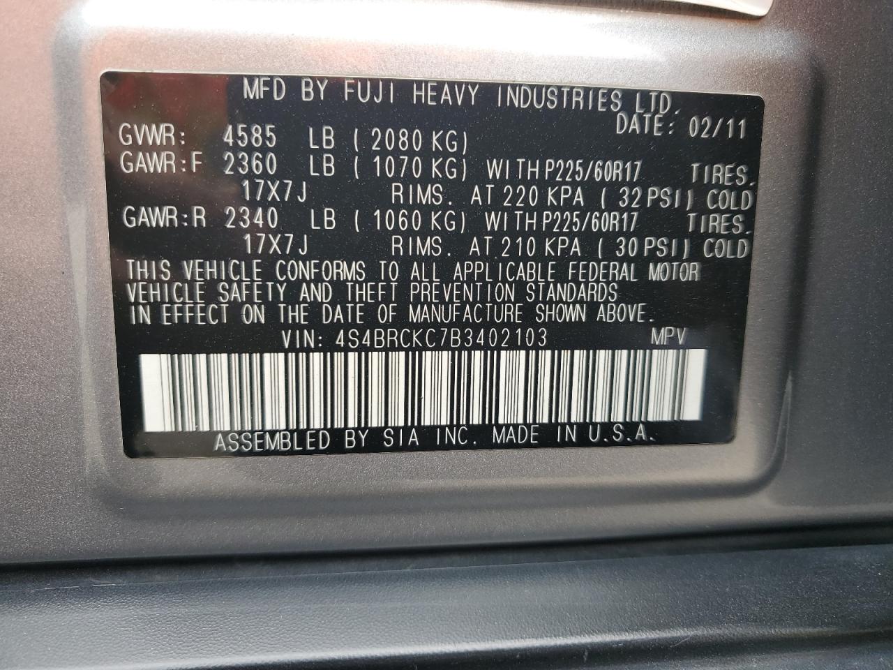 2011 Subaru Outback 2.5I Limited VIN: 4S4BRCKC7B3402103 Lot: 62537214