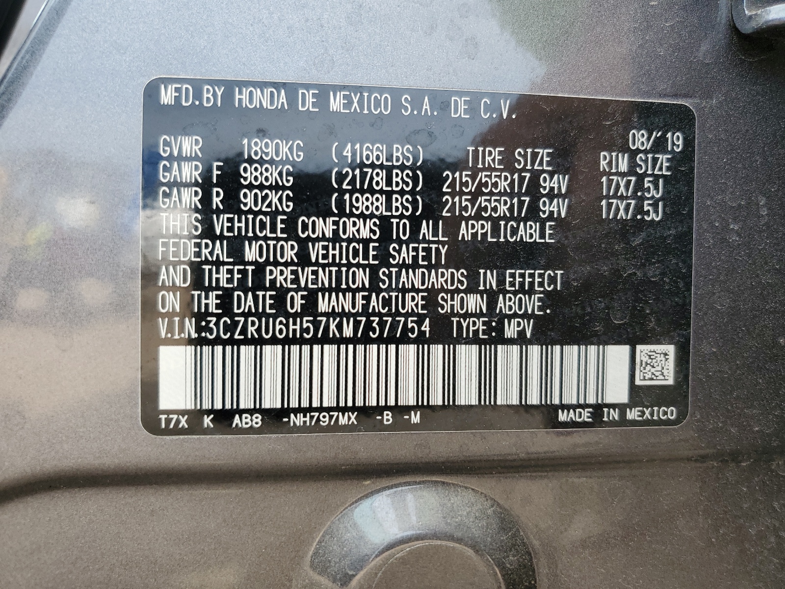 3CZRU6H57KM737754 2019 Honda Hr-V Ex