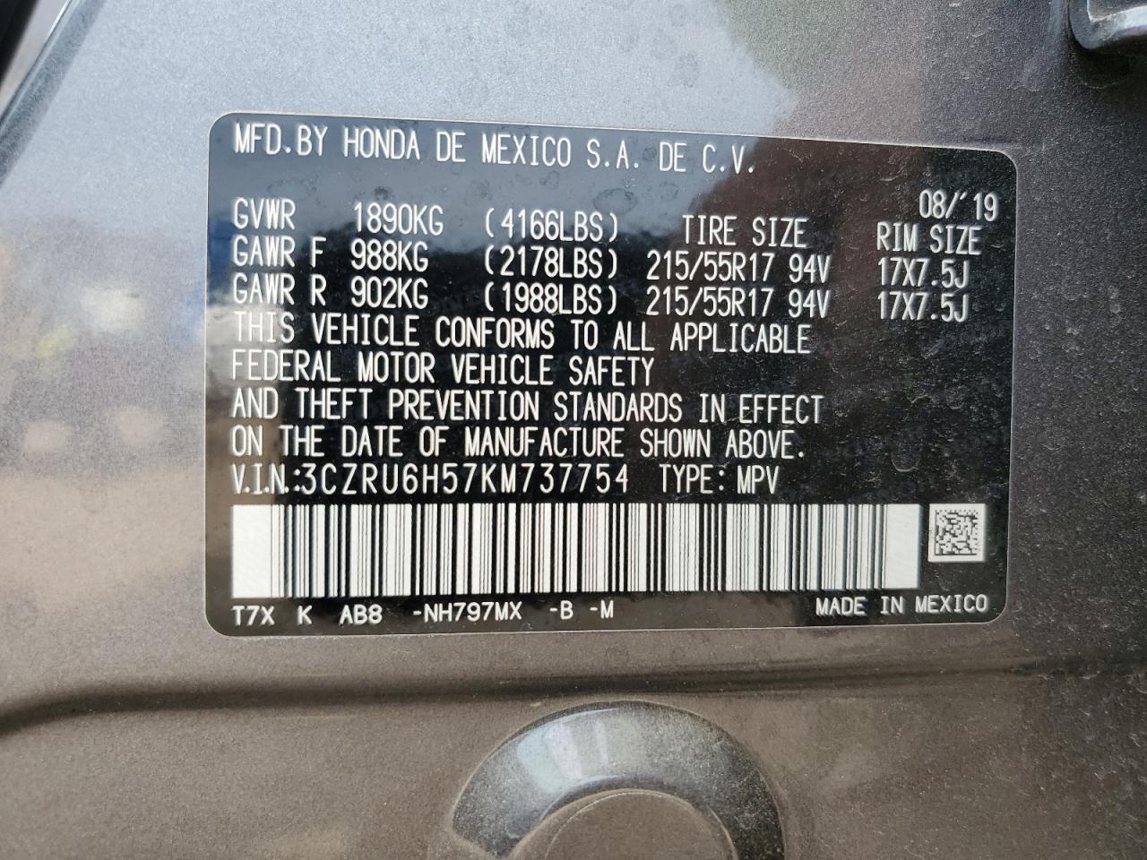 2019 Honda Hr-V Ex VIN: 3CZRU6H57KM737754 Lot: 64054394