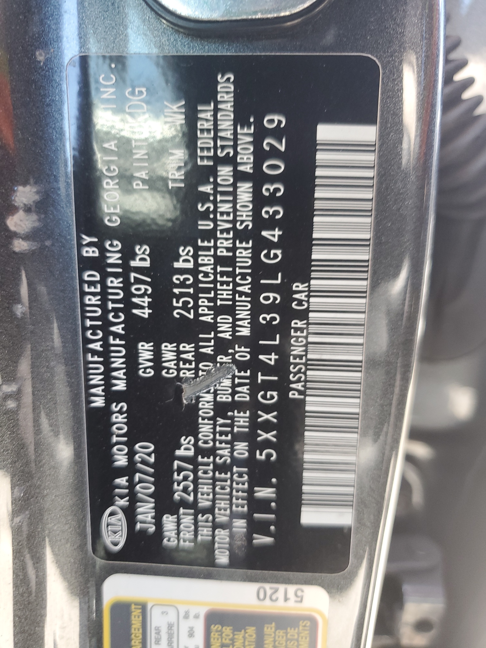 5XXGT4L39LG433029 2020 Kia Optima Lx