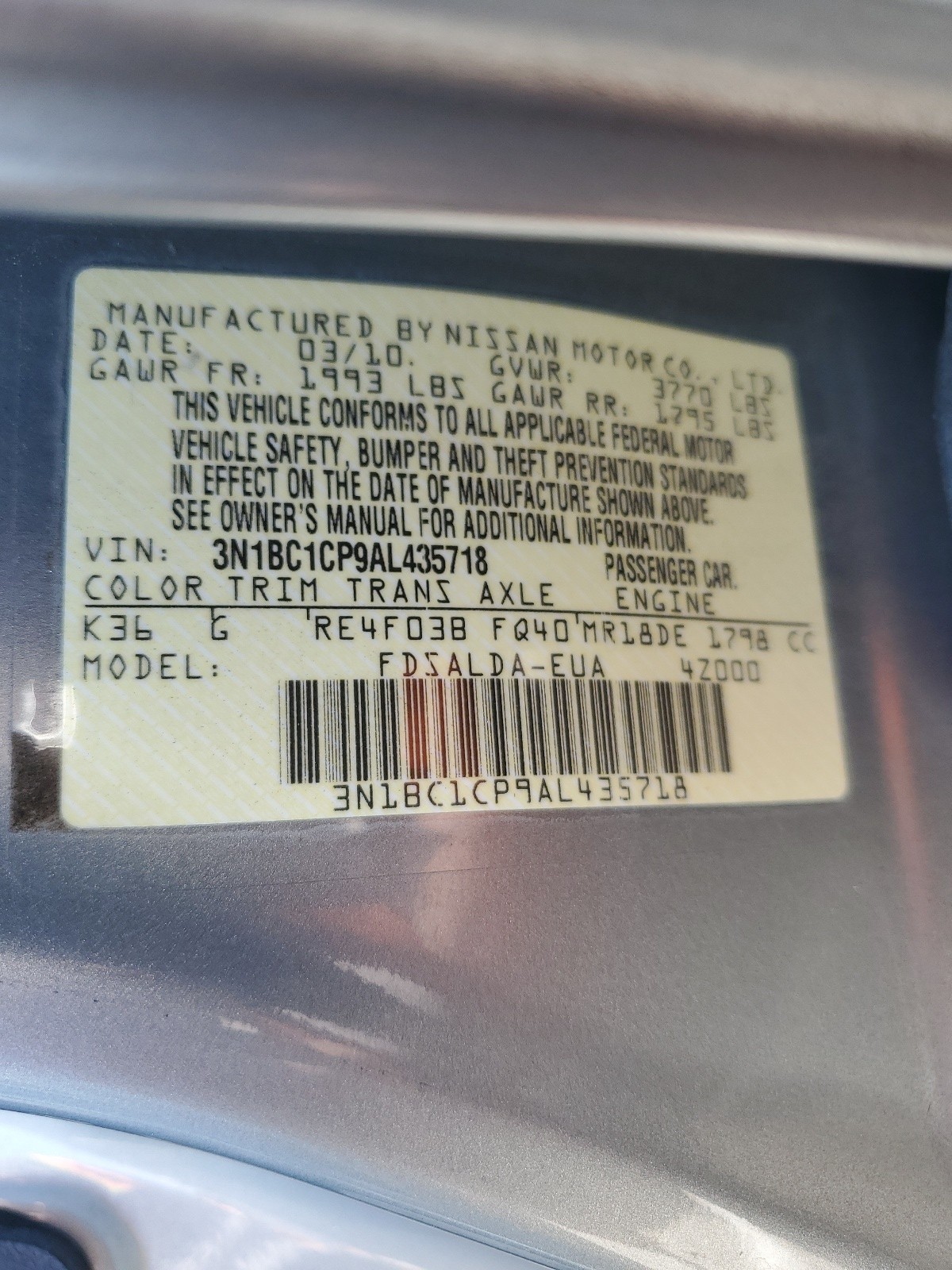 3N1BC1CP9AL435718 2010 Nissan Versa S