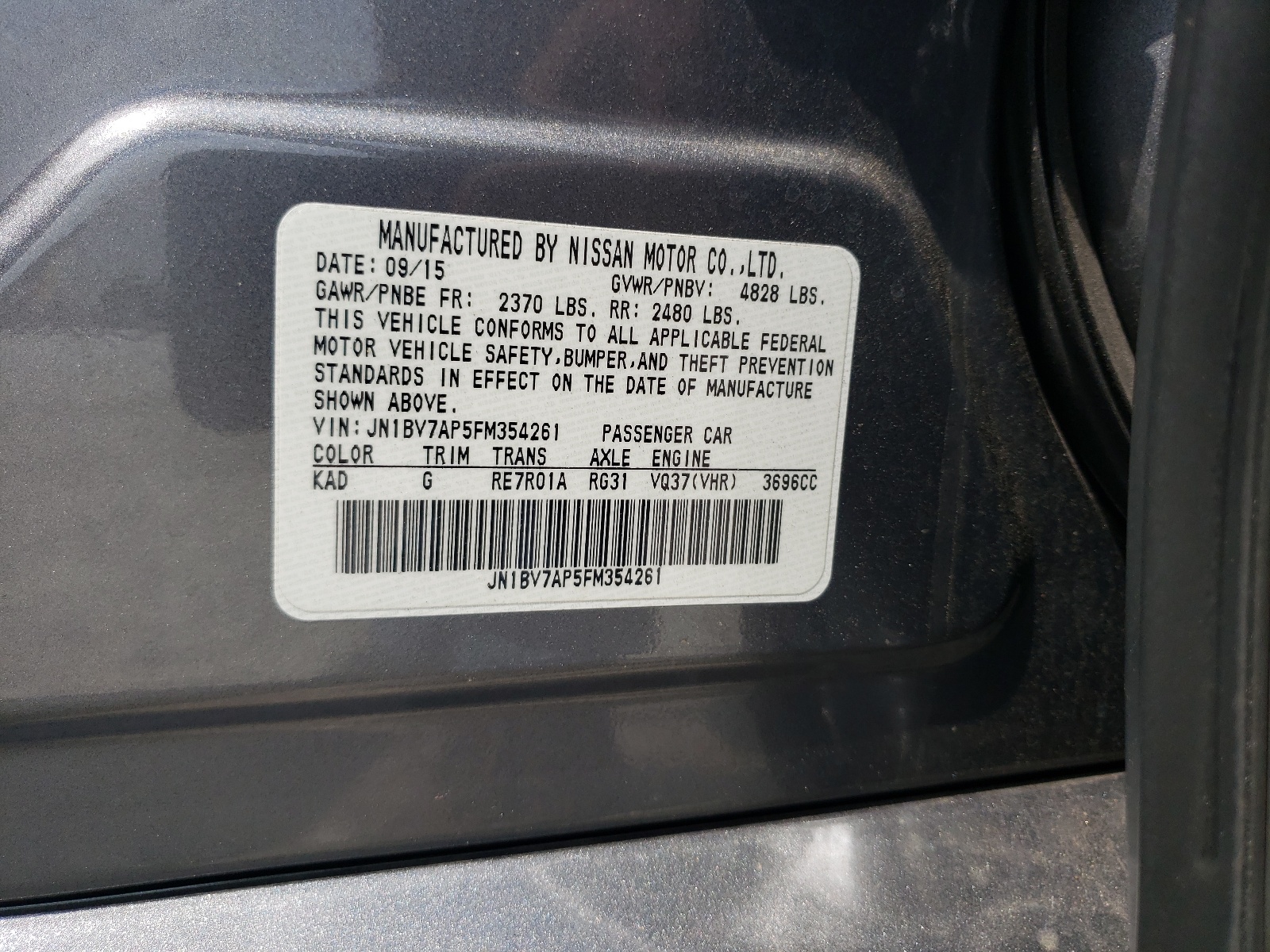 JN1BV7AP5FM354261 2015 Infiniti Q50 Base