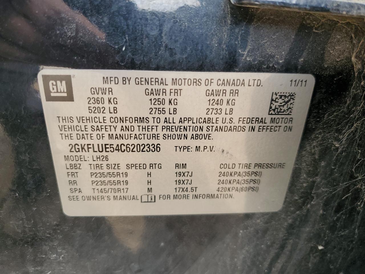 2012 GMC Terrain Slt VIN: 2GKFLUE54C6202336 Lot: 63747844