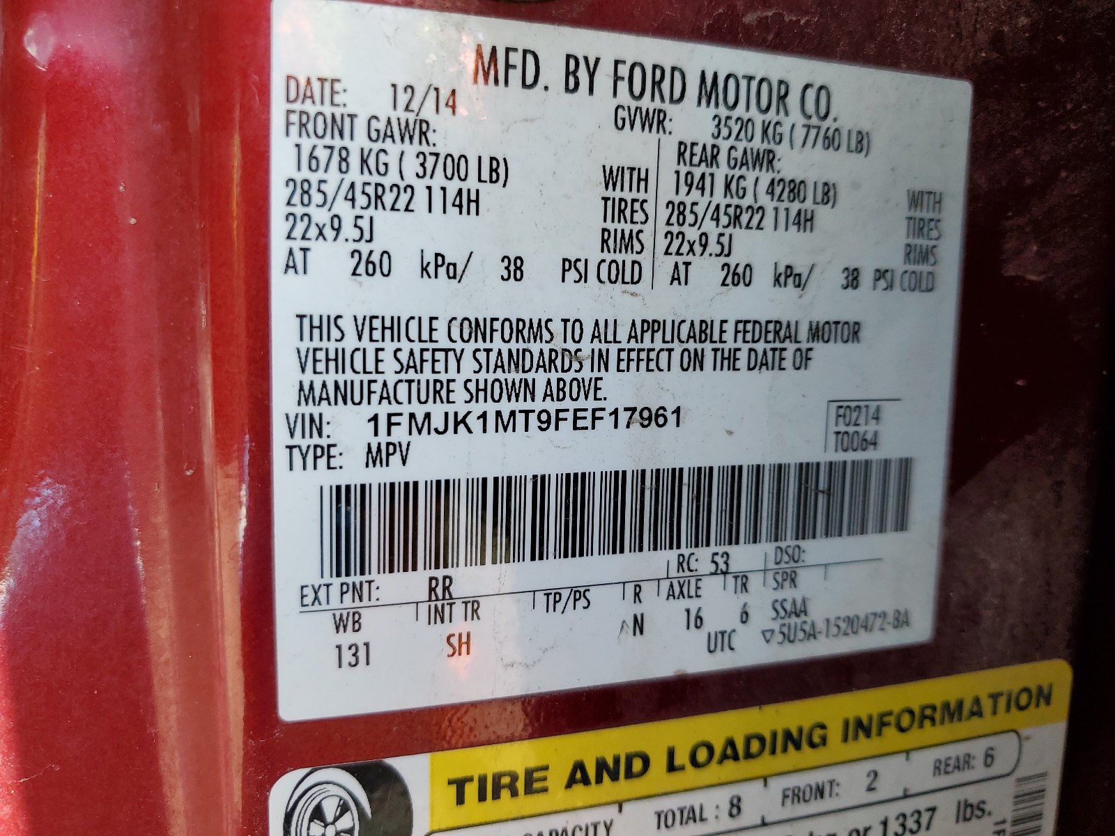 1FMJK1MT9FEF17961 2015 Ford Expedition El Platinum