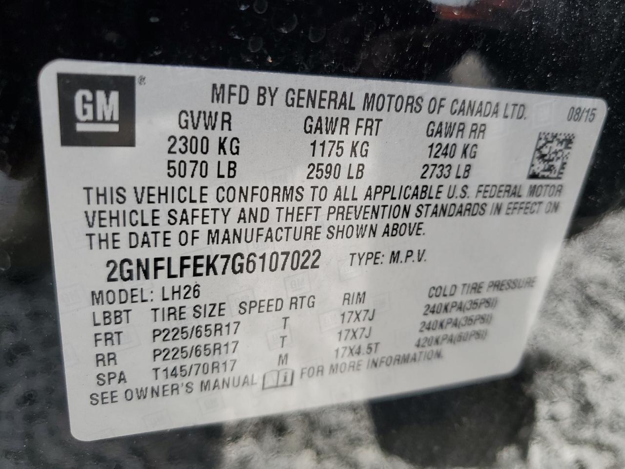 2GNFLFEK7G6107022 2016 Chevrolet Equinox Lt