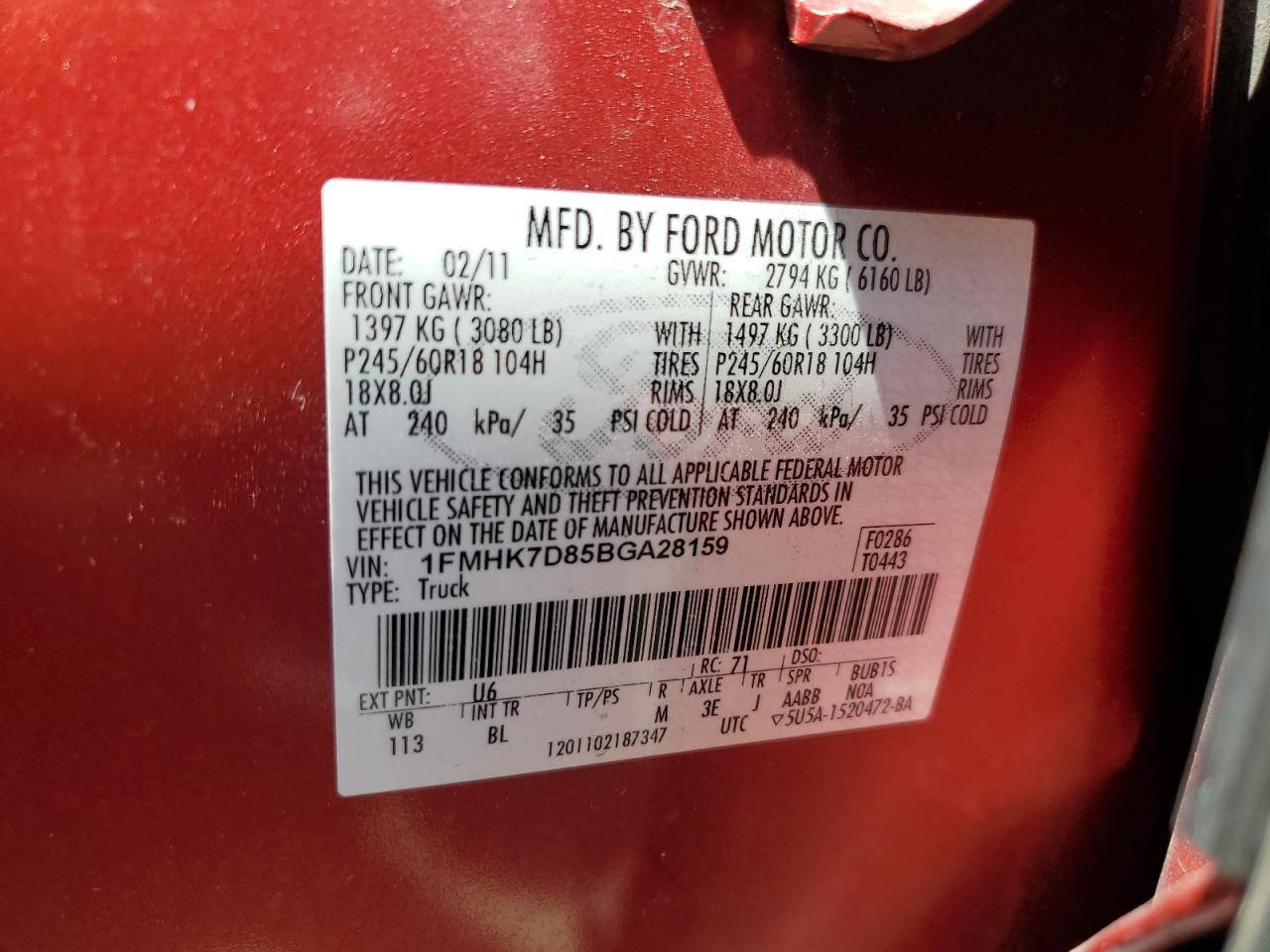 2011 Ford Explorer Xlt VIN: 1FMHK7D85BGA28159 Lot: 62757194