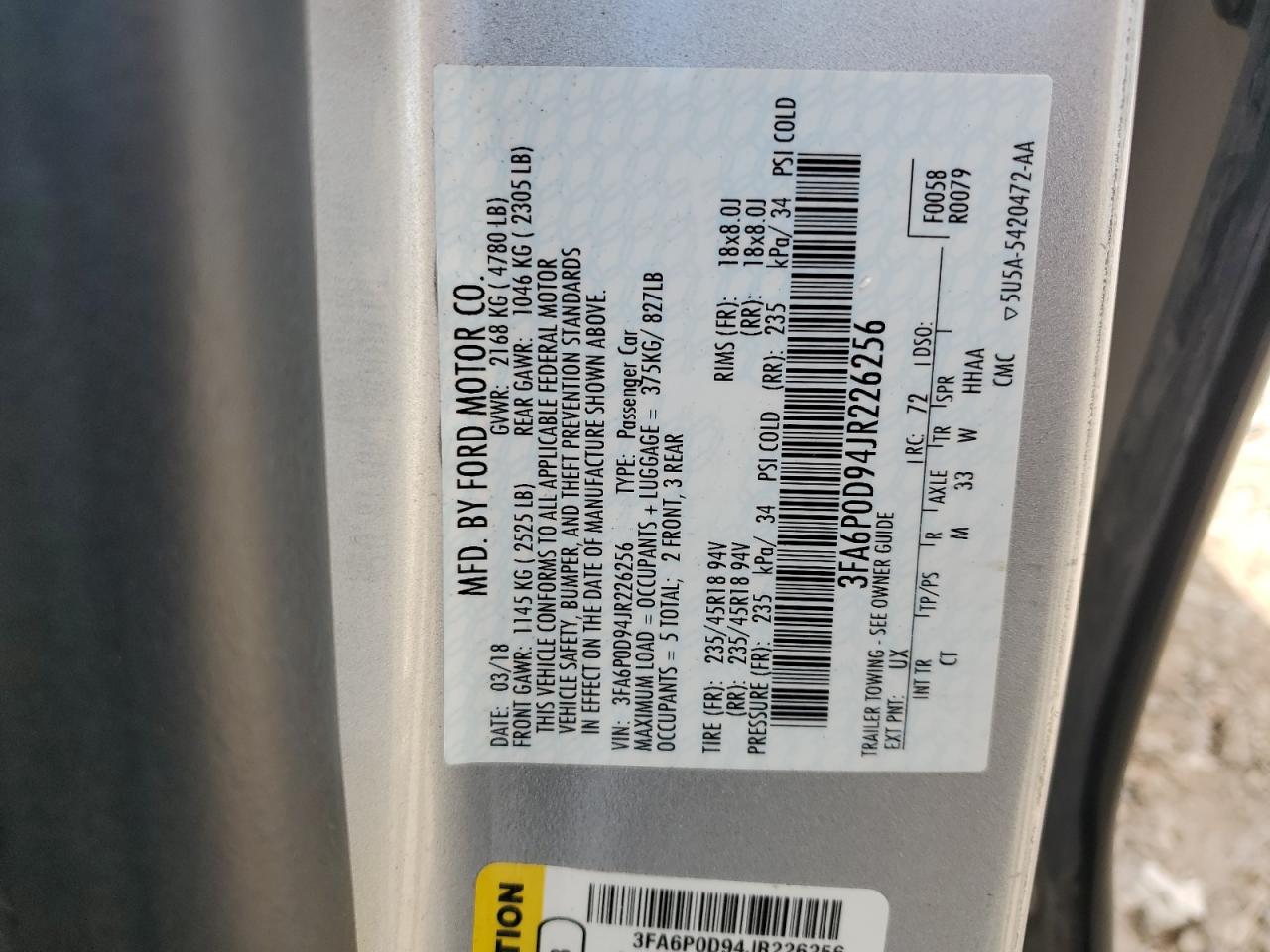 2018 Ford Fusion Titanium/Platinum VIN: 3FA6P0D94JR226256 Lot: 62349984