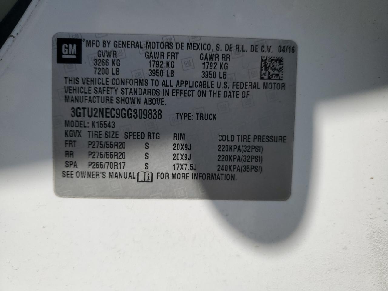 3GTU2NEC9GG309838 2016 GMC Sierra K1500 Slt