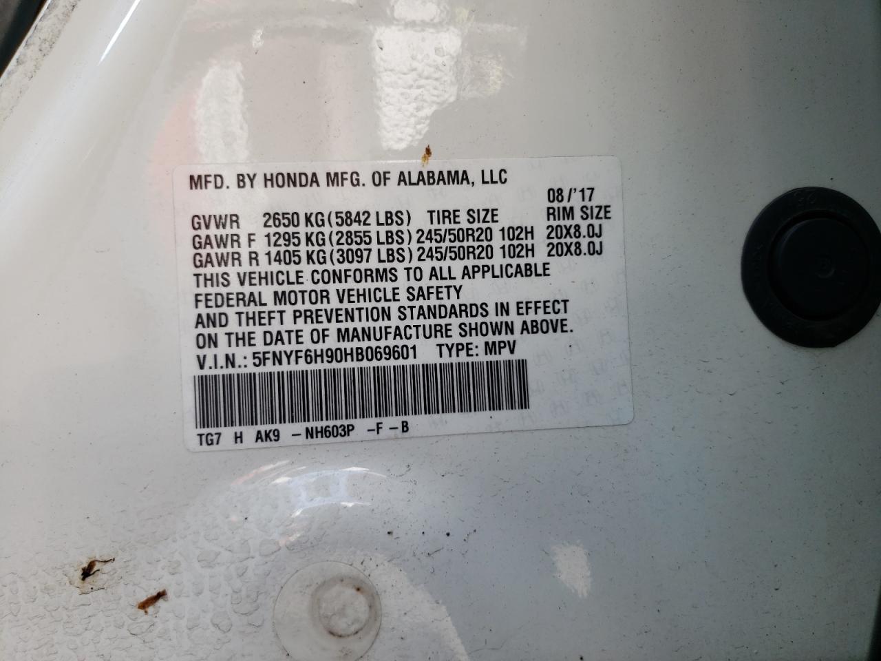 2017 Honda Pilot Touring VIN: 5FNYF6H90HB069601 Lot: 62102264