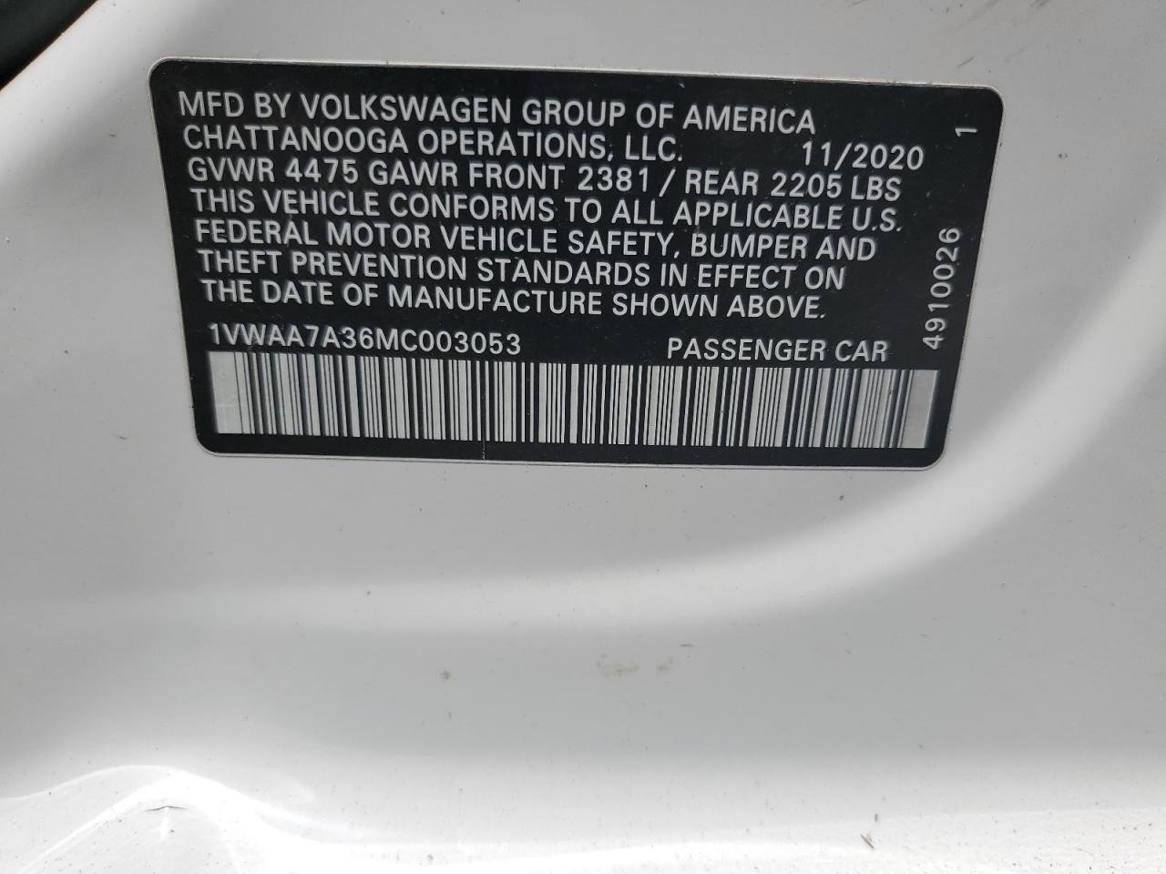 1VWAA7A36MC003053 2021 Volkswagen Passat S