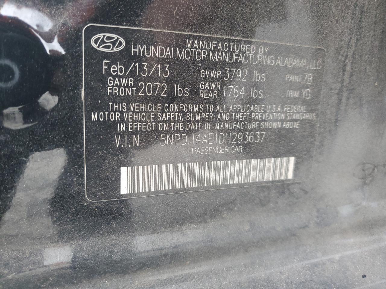 2013 Hyundai Elantra Gls VIN: 5NPDH4AE1DH293637 Lot: 65038364