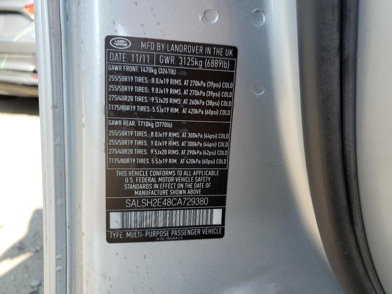 2012 Land Rover Range Rover Sport Sc VIN: SALSH2E48CA729380 Lot: 64646354