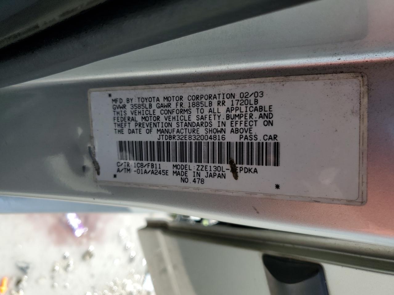 2003 Toyota Corolla Ce VIN: JTDBR32E832004816 Lot: 61658674