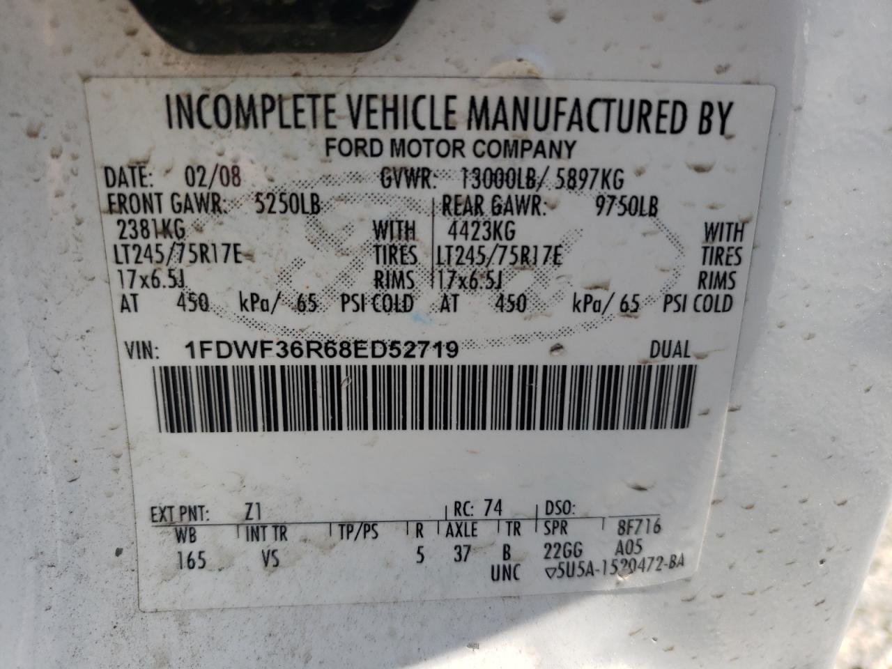 2008 Ford F350 Super Duty VIN: 1FDWF36R68ED52719 Lot: 63044284