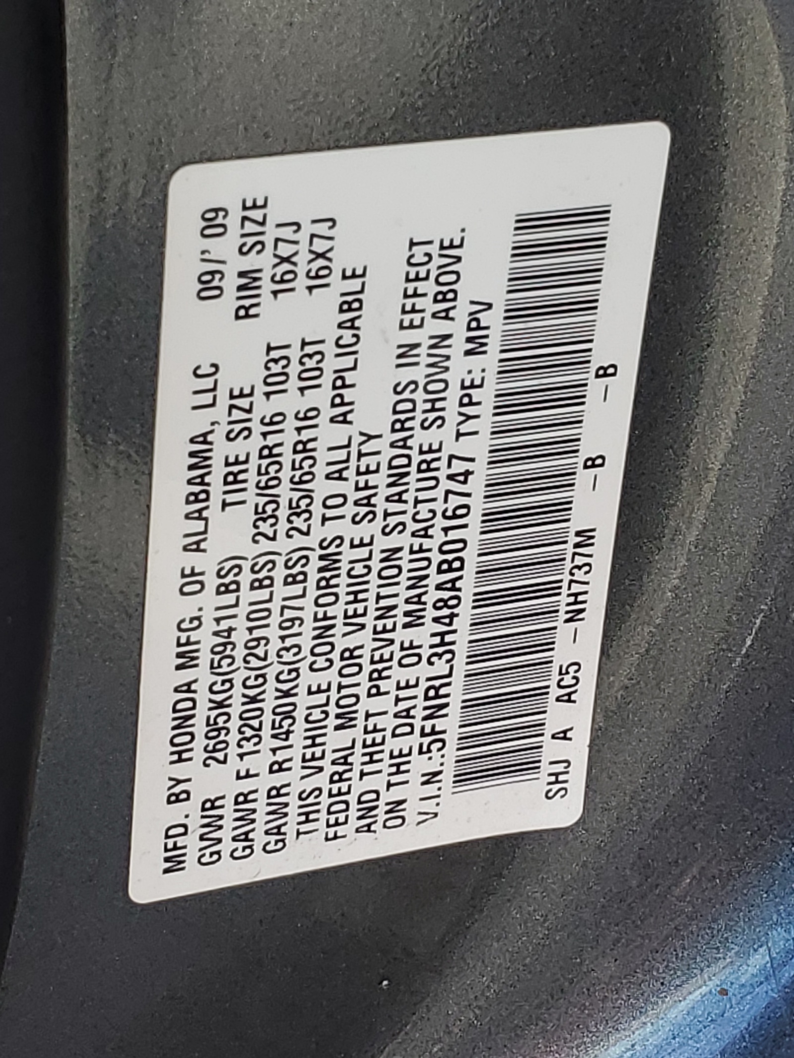5FNRL3H48AB016747 2010 Honda Odyssey Ex