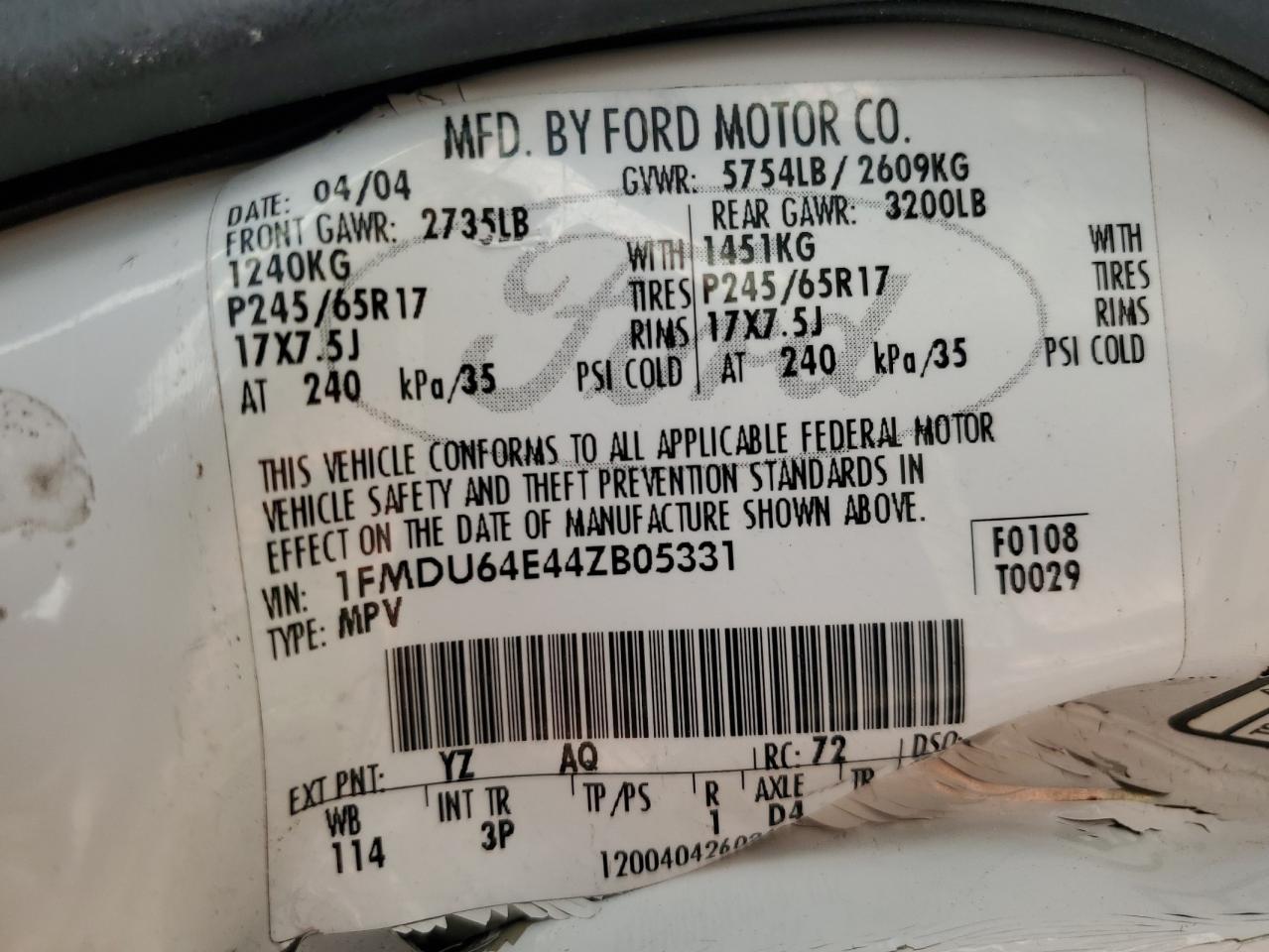 2004 Ford Explorer Eddie Bauer VIN: 1FMDU64E44ZB05331 Lot: 64675014