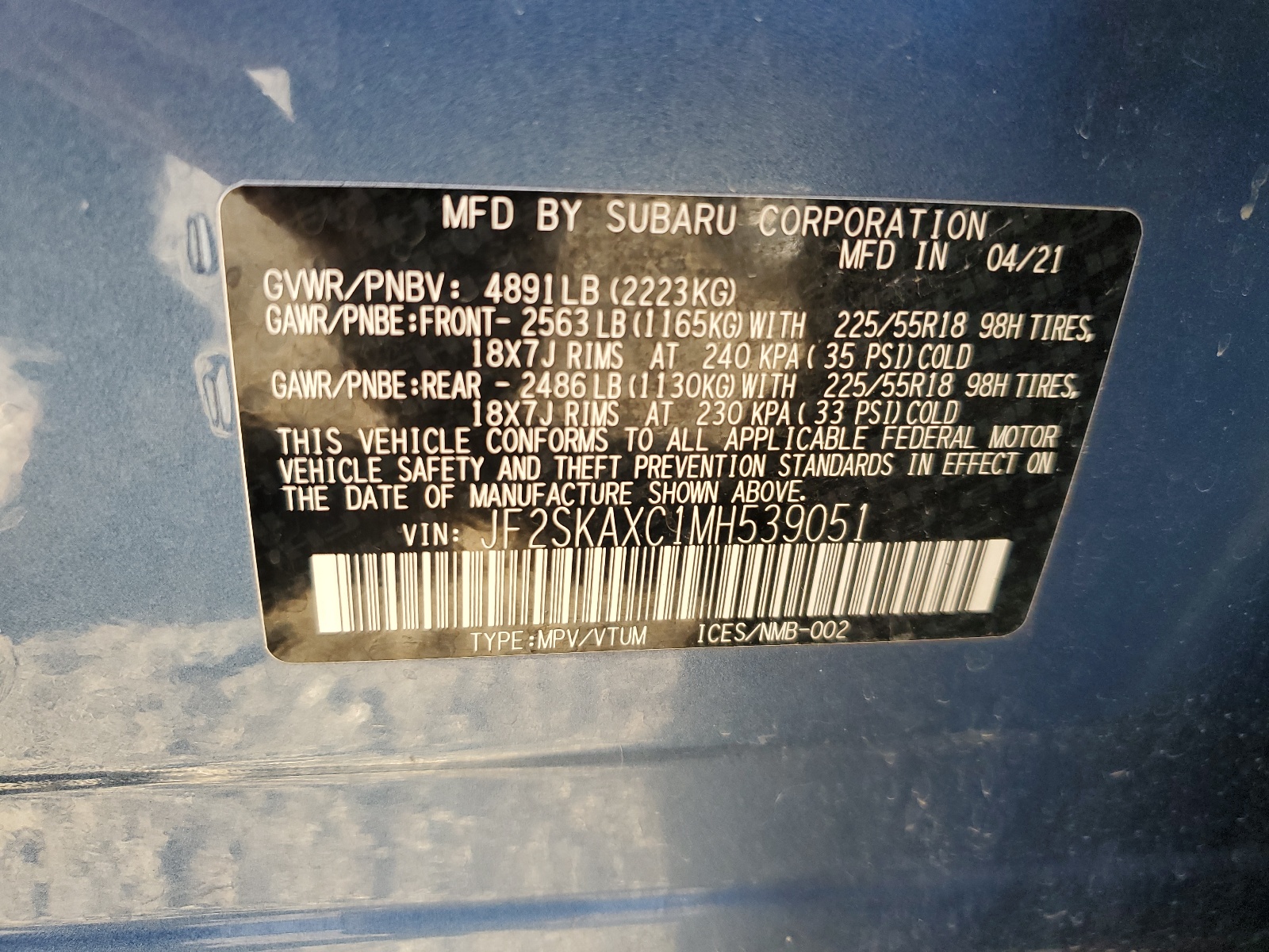 JF2SKAXC1MH539051 2021 Subaru Forester Touring