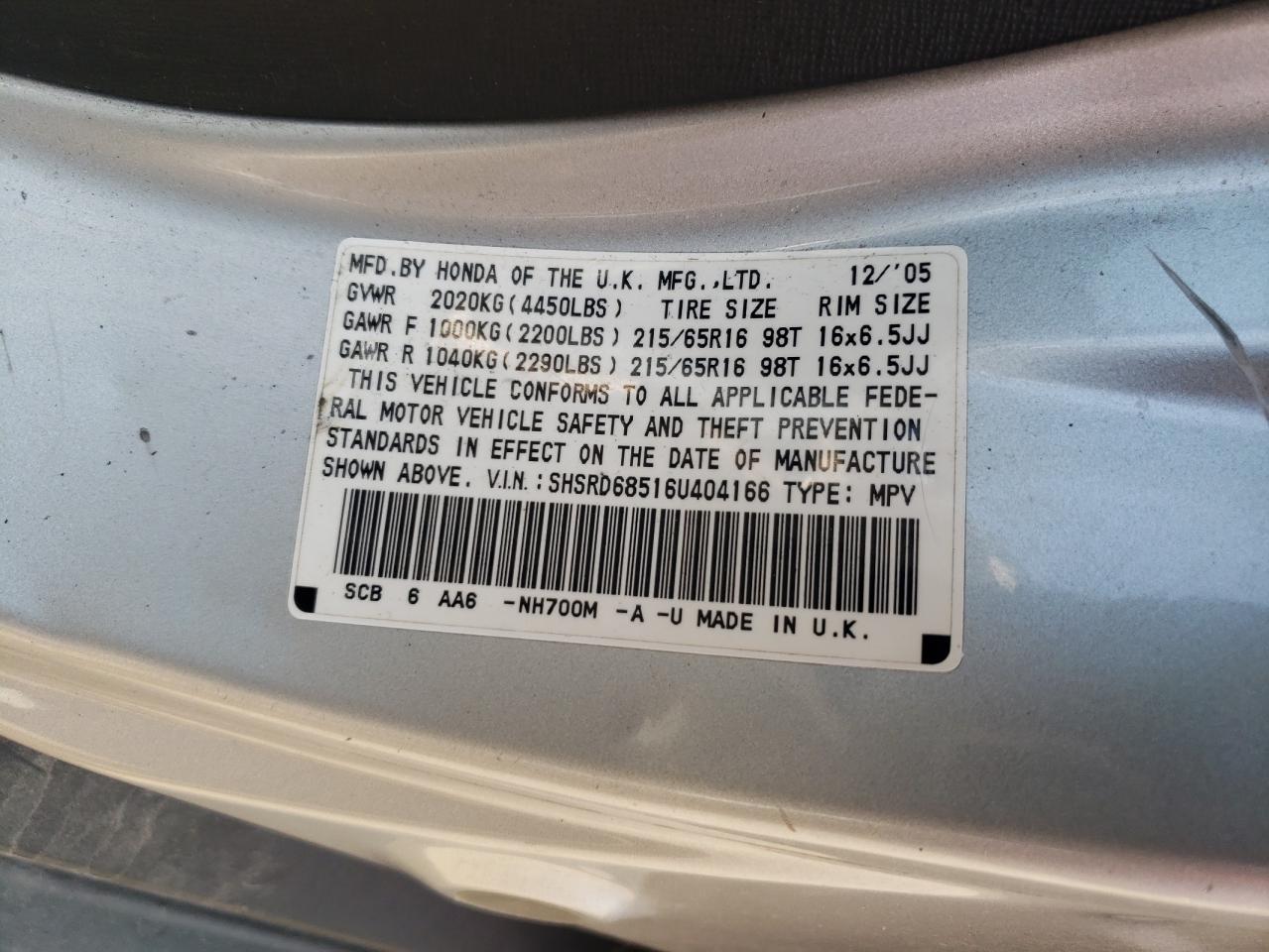 2006 Honda Cr-V Lx VIN: SHSRD68516U404166 Lot: 64902914