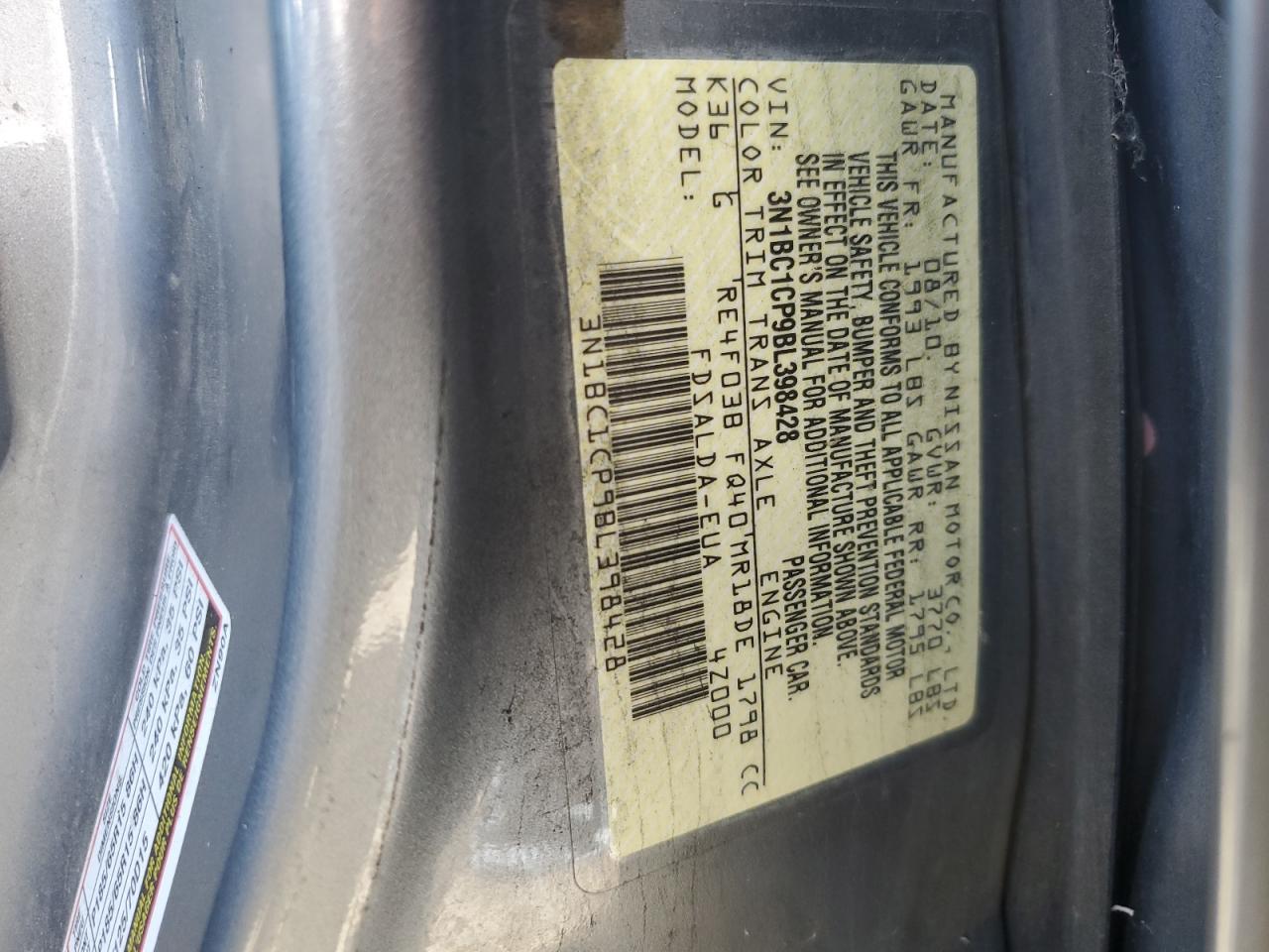 2011 Nissan Versa S VIN: 3N1BC1CP9BL398428 Lot: 65070904