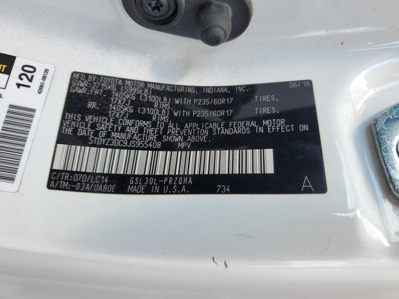 5TDYZ3DC9JS955408 2018 Toyota Sienna Xle