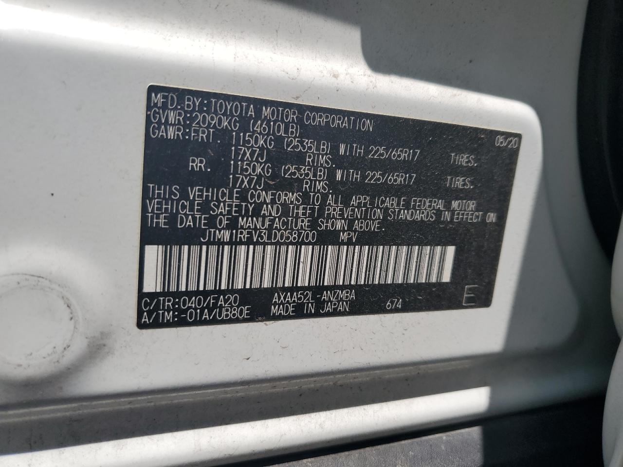 2020 Toyota Rav4 Xle VIN: JTMW1RFV3LD058700 Lot: 64319744